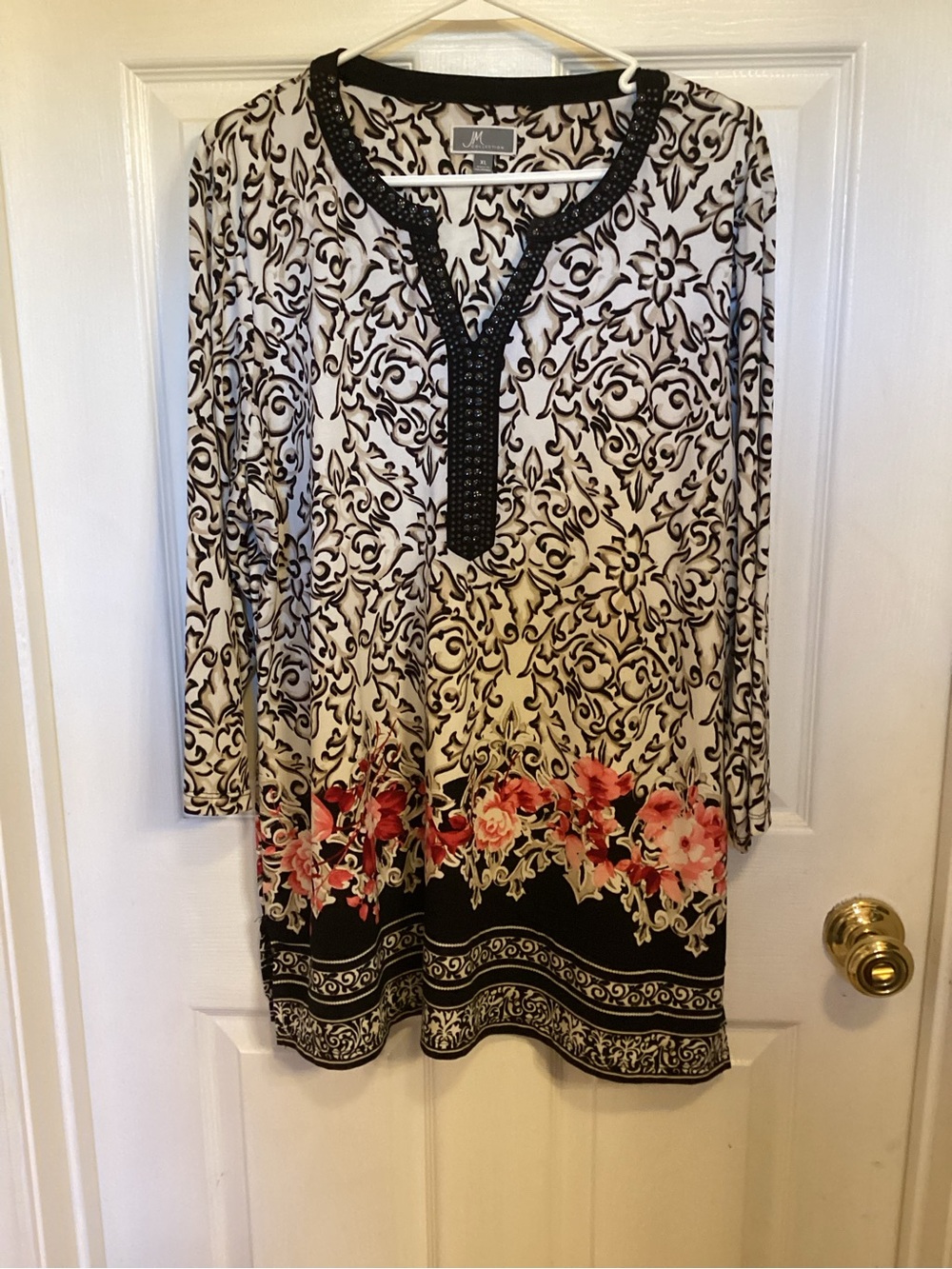 JM Collection Black and White Tunic with Pink Floral Border
